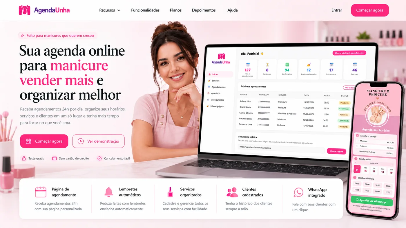 Profissional usando o painel AgendaUnha no computador e no celular